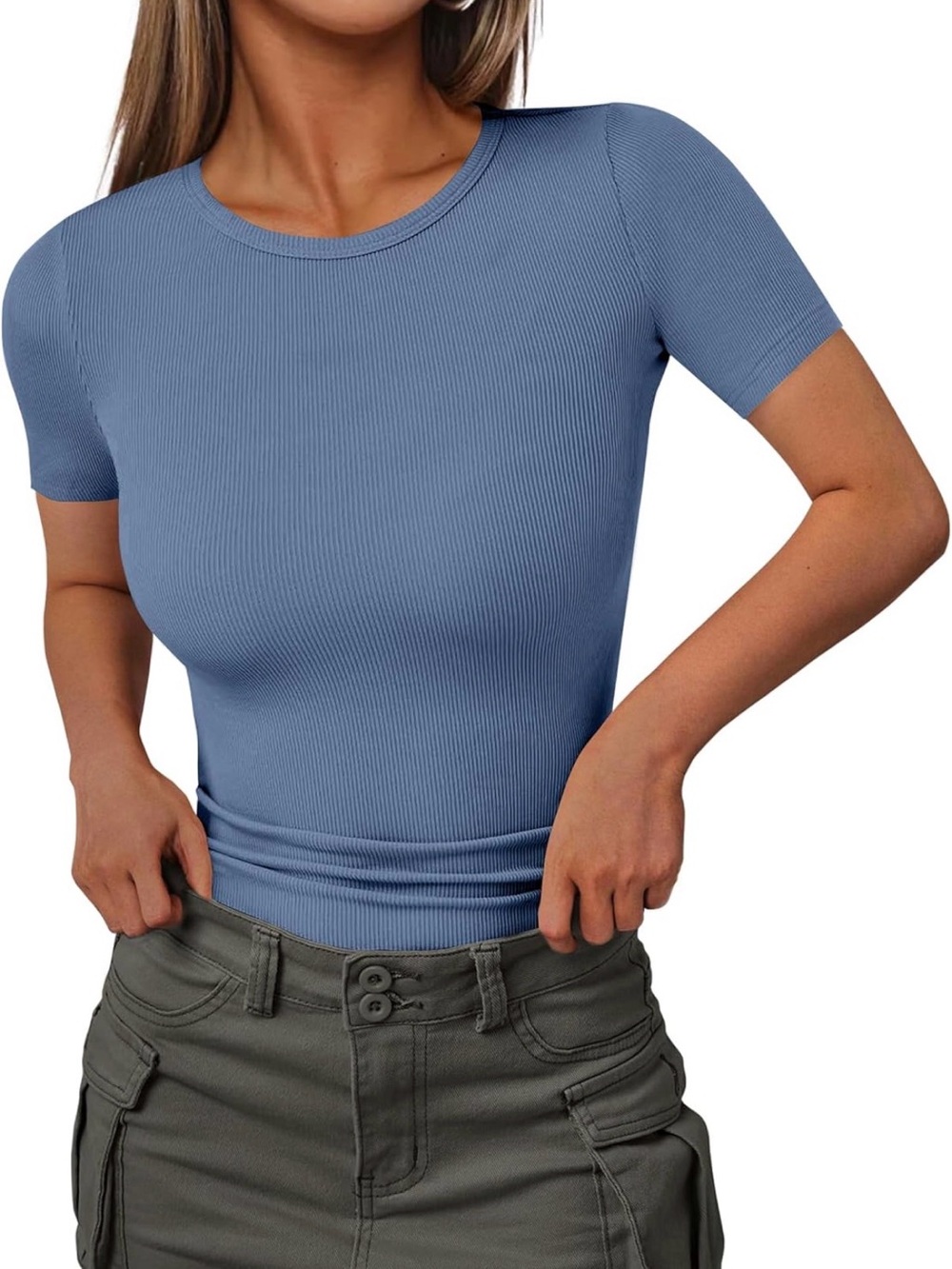 Ribbed Short Sleeve Crewneck Top - Blue